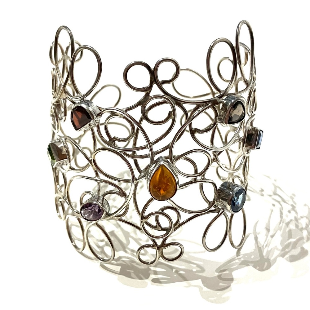 Sterling Silver Multi Gems Handmade Wide Wire Cuff Bangle Bracelet